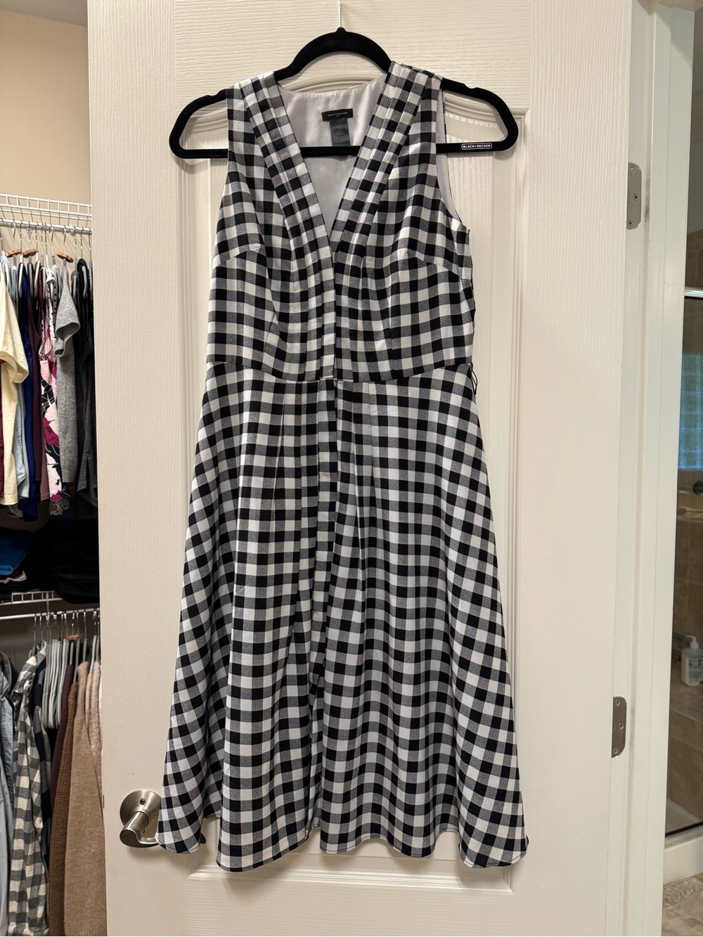Sleeveless Black and White Gingham Button V-Neck Dress
